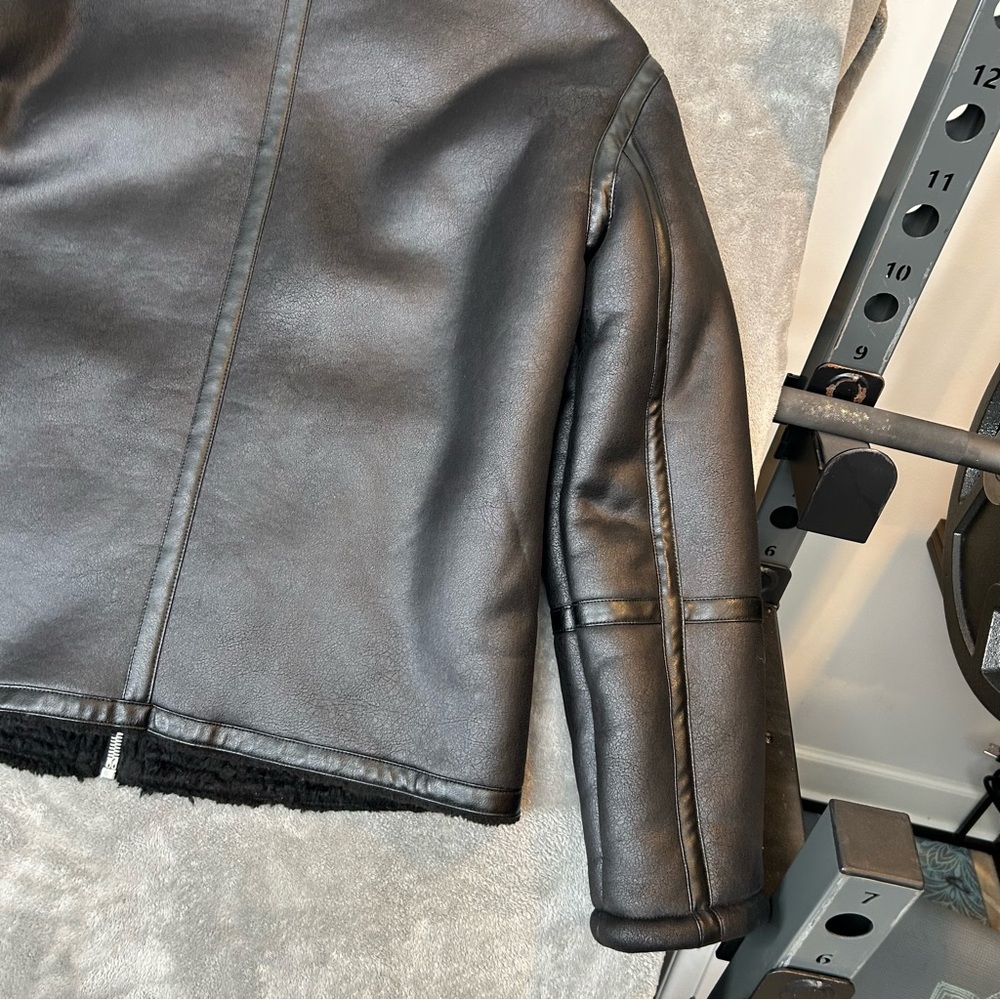 ZARA Biker Moto Jacket Coat Womens Faux Leather Fur Size M Color Black Aviator - Picture 9 of 16